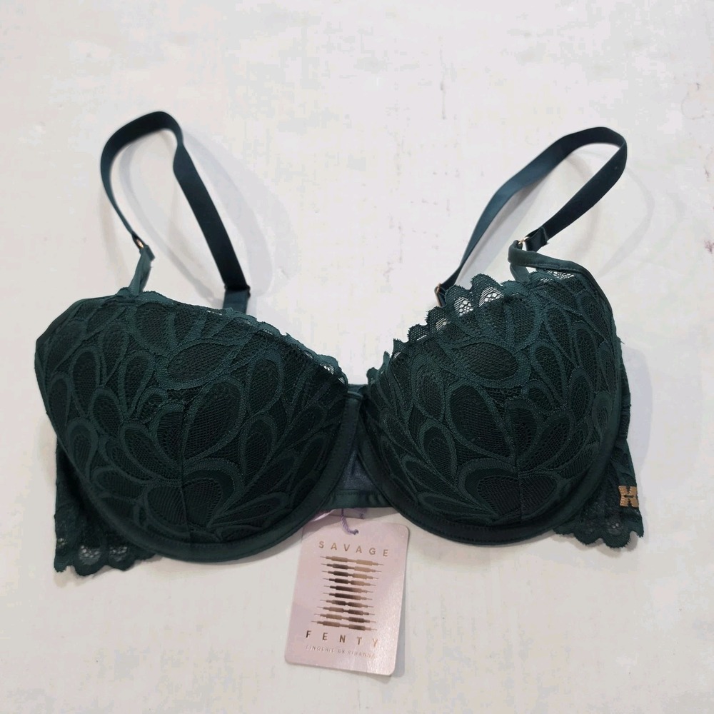 Savage X Fenty Women's 36DD Dark Green Lace Bra New With Tag Underwire Lined
